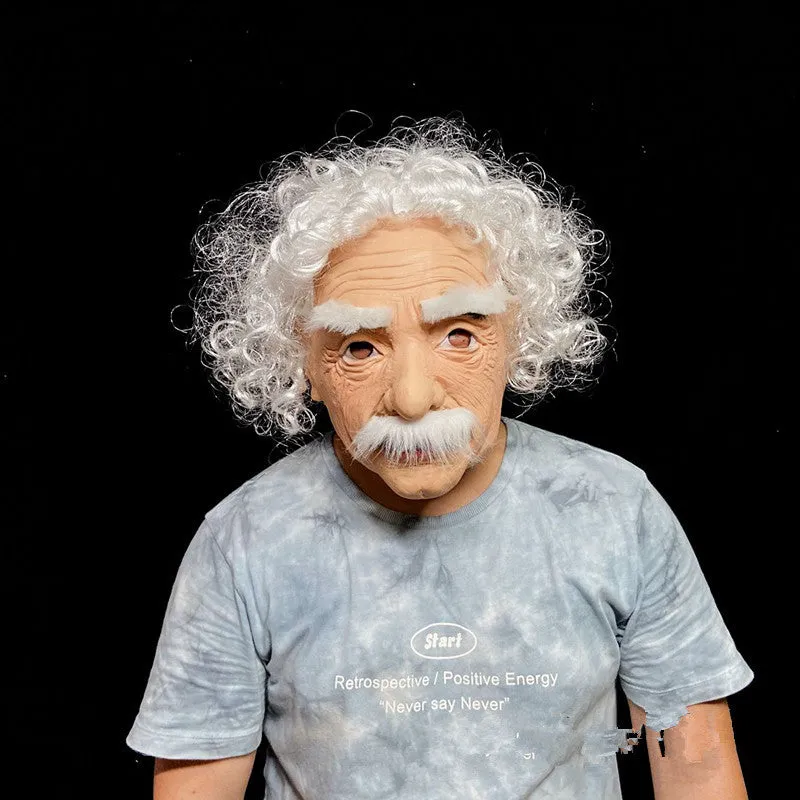 Latex Halloween old man mask with white hair and white beard, curly hair style on display