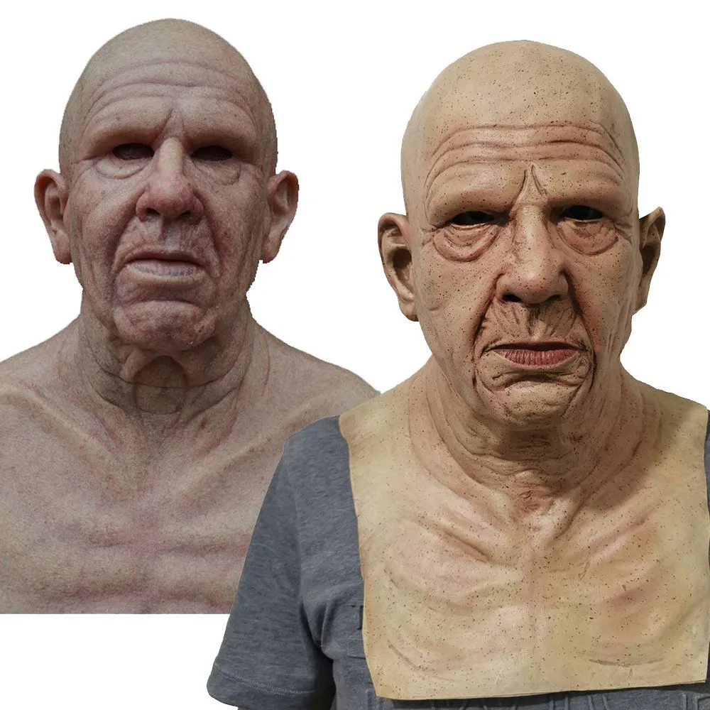Latex Halloween old man mask with white hair and white beard, curly hair style on display