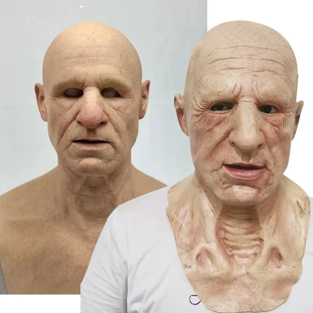 Latex Halloween old man mask with white hair and white beard, curly hair style on display