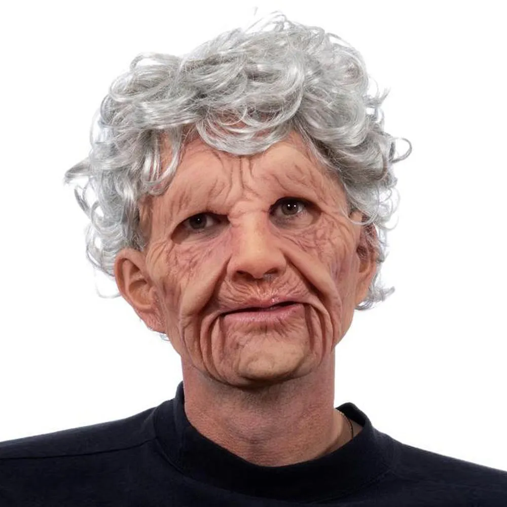Latex Halloween old man mask with white hair and white beard, curly hair style on display