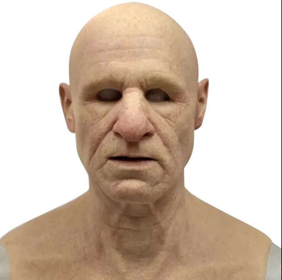 Latex Halloween old man mask with white hair and white beard, curly hair style on display