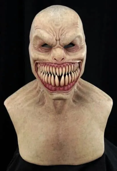 Latex Halloween old man mask with white hair and white beard, curly hair style on display