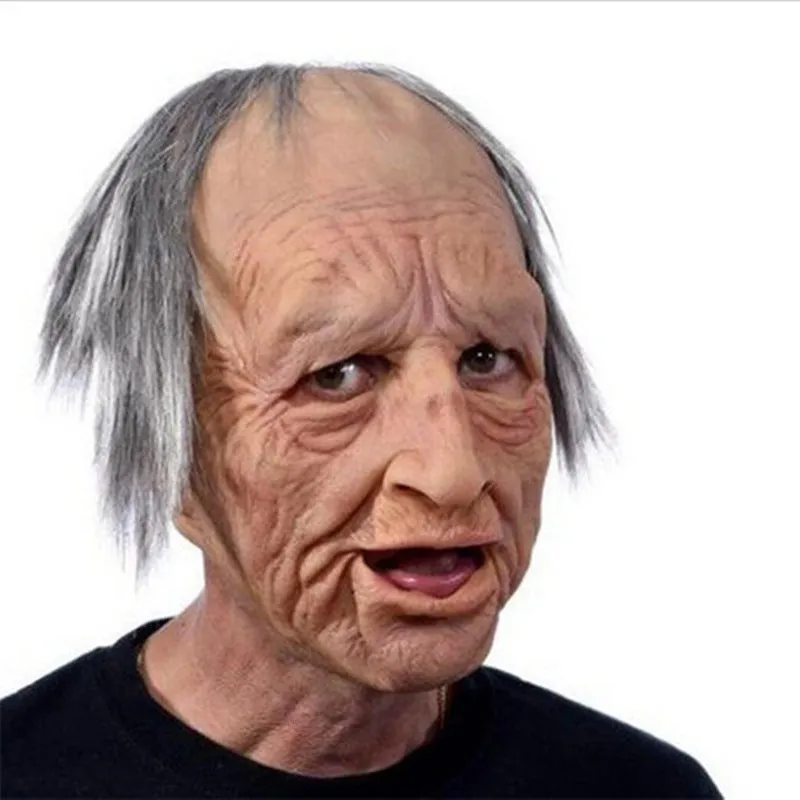Latex Halloween old man mask with white hair and white beard, curly hair style on display