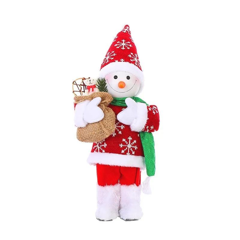 30cm Christmas doll ornament with plastic and cloth construction in red and silver sequins and snowman designs