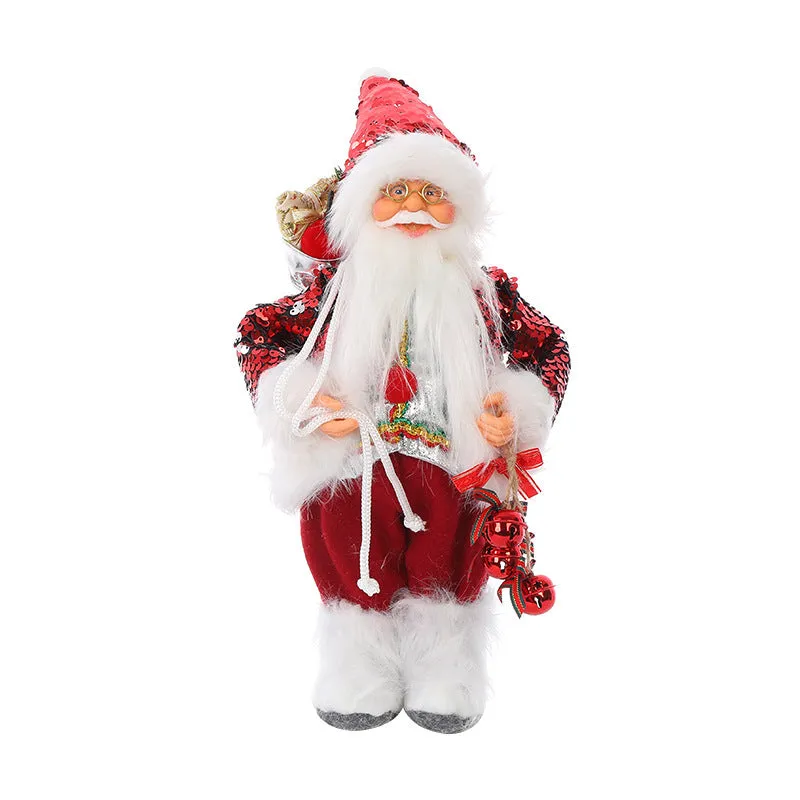 30cm Christmas doll ornament with plastic and cloth construction in red and silver sequins and snowman designs