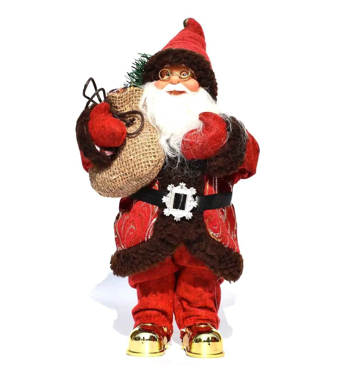 30cm Christmas doll ornament with plastic and cloth construction in red and silver sequins and snowman designs