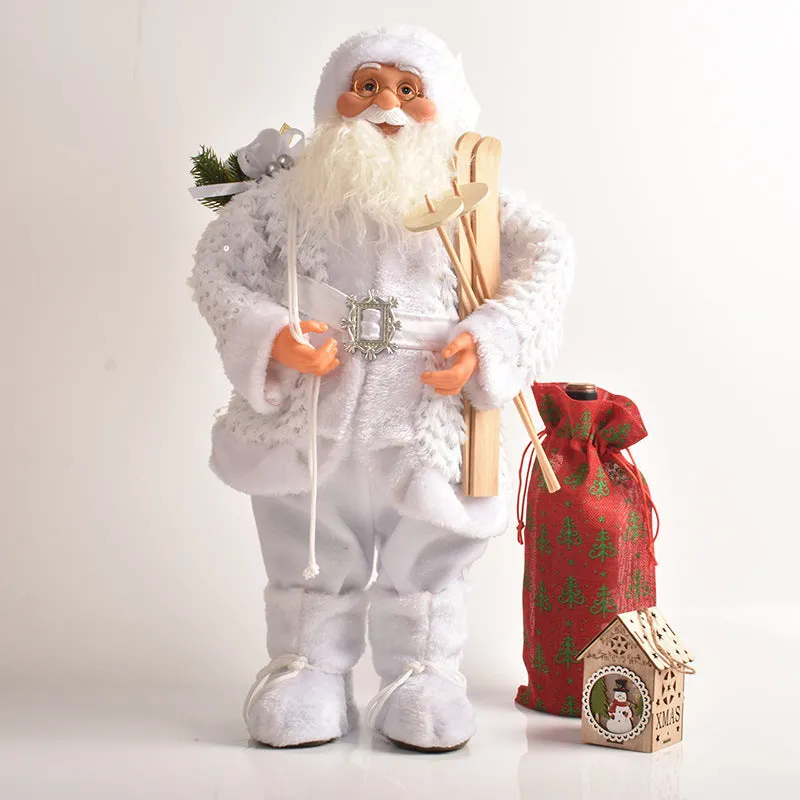 30cm Christmas doll ornament with plastic and cloth construction in red and silver sequins and snowman designs