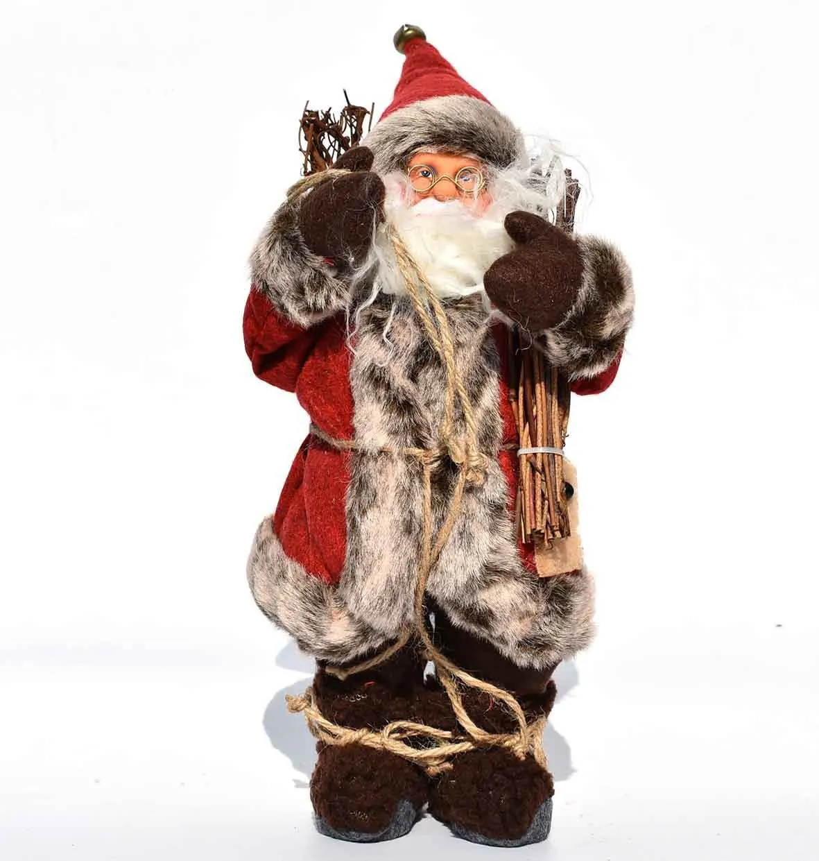 30cm Christmas doll ornament with plastic and cloth construction in red and silver sequins and snowman designs