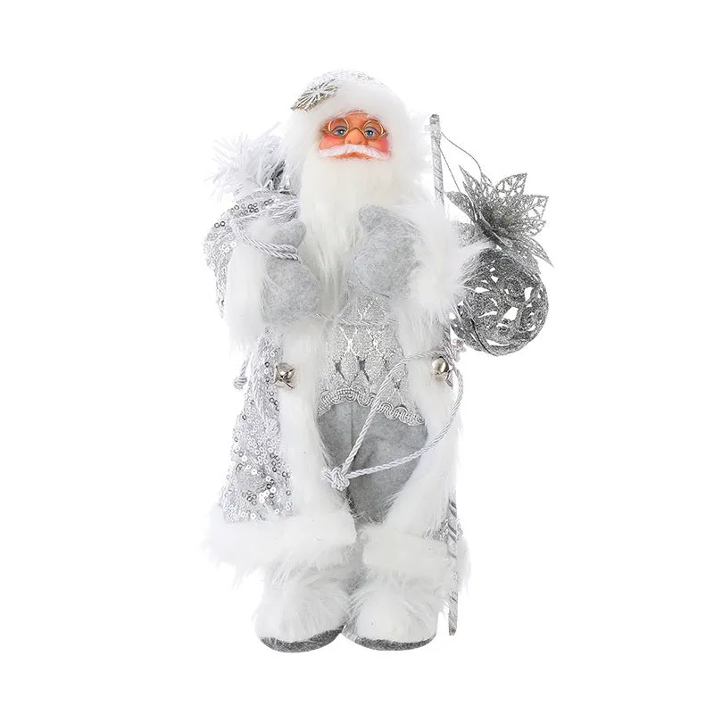 30cm Christmas doll ornament with plastic and cloth construction in red and silver sequins and snowman designs