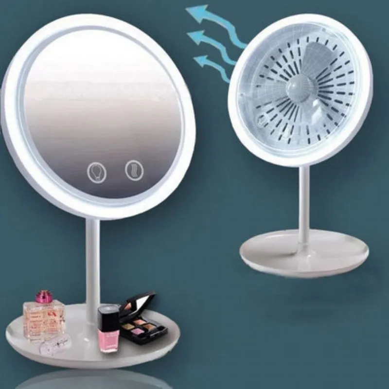White ABS folding fan LED light makeup mirror with rotating table and five-fold design