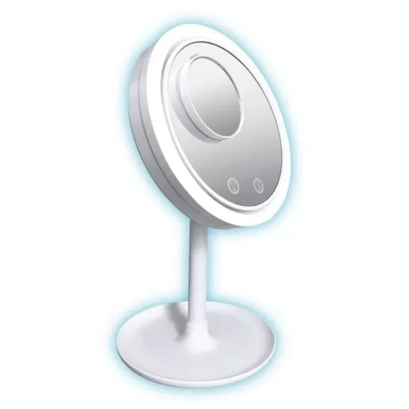 White ABS folding fan LED light makeup mirror with rotating table and five-fold design
