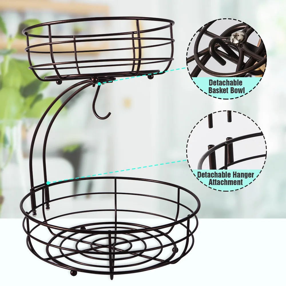 Black double-layer wrought iron fruit basket with two storage tiers and raised bottom plate