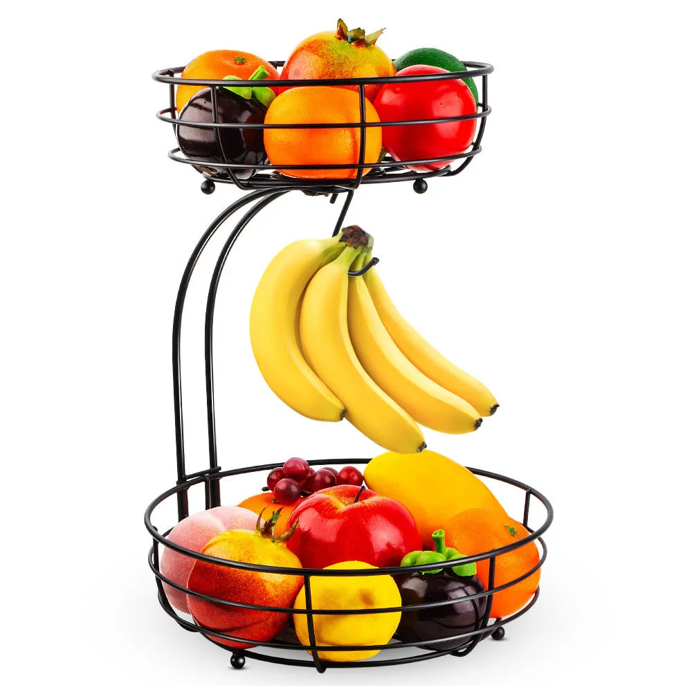 Black double-layer wrought iron fruit basket with two storage tiers and raised bottom plate