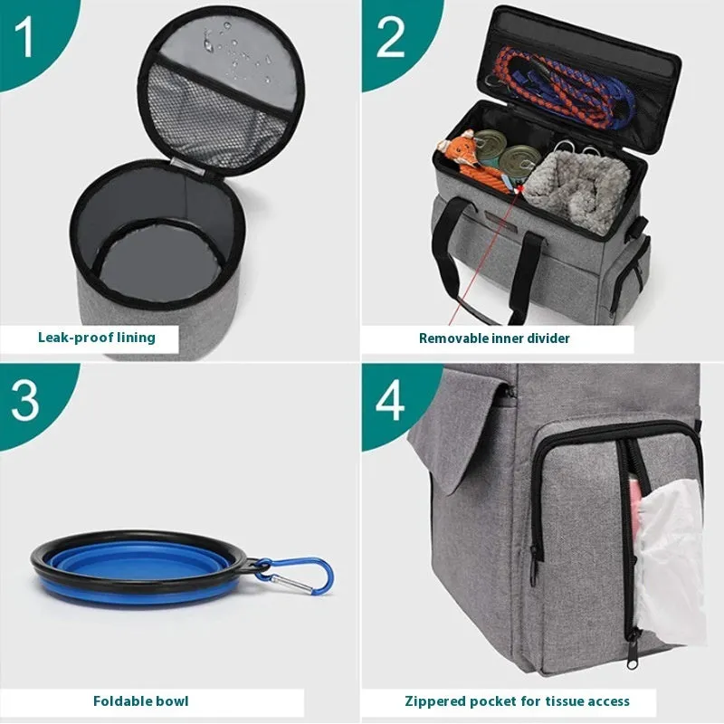 Grey dog travel backpack made of Oxford cloth with removable divider and training bag