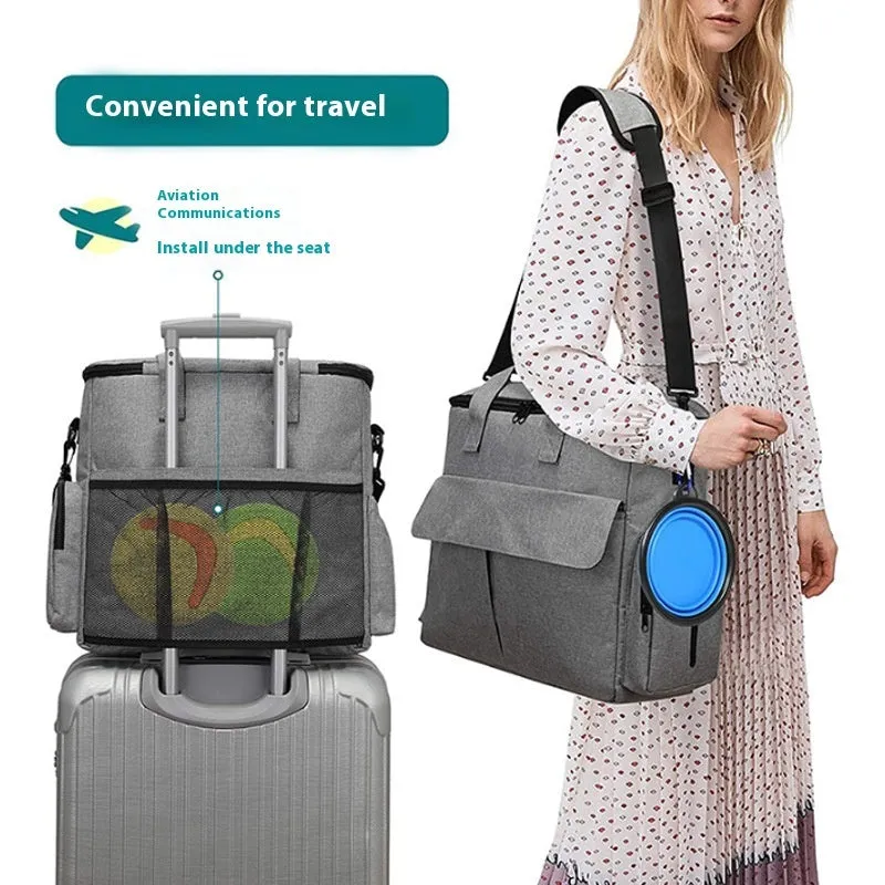Grey dog travel backpack made of Oxford cloth with removable divider and training bag