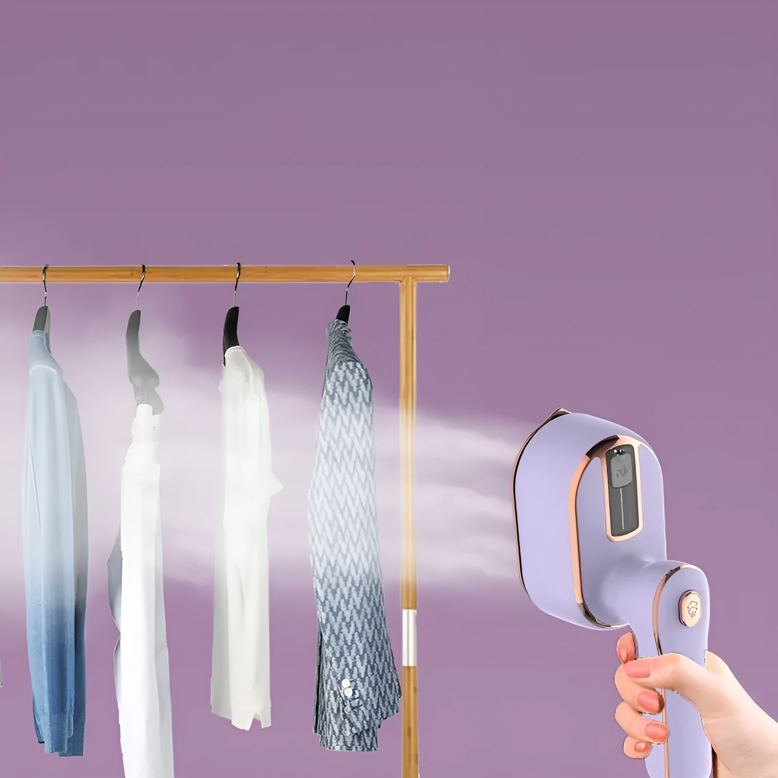 Home Fashion simple rotating steam hanging iron in light purple with rotating head and 1000W power on a white background