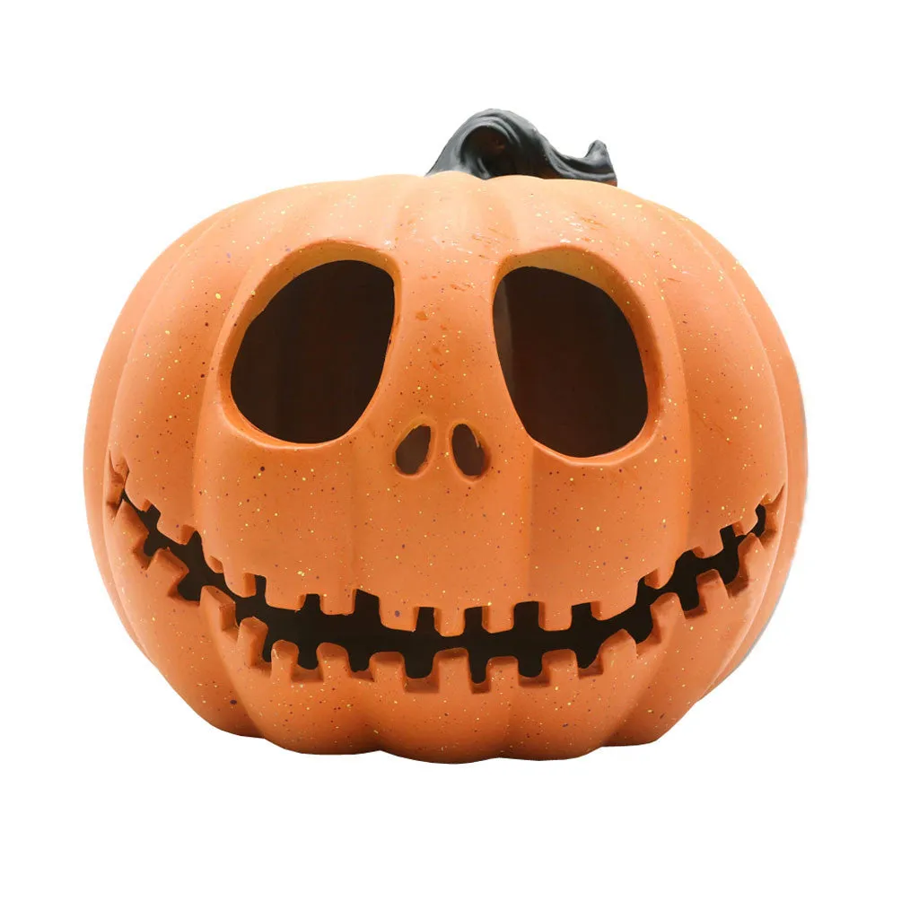 Halloween pumpkin lantern with scary hollow-out skull design in yellow resin, 23x19cm