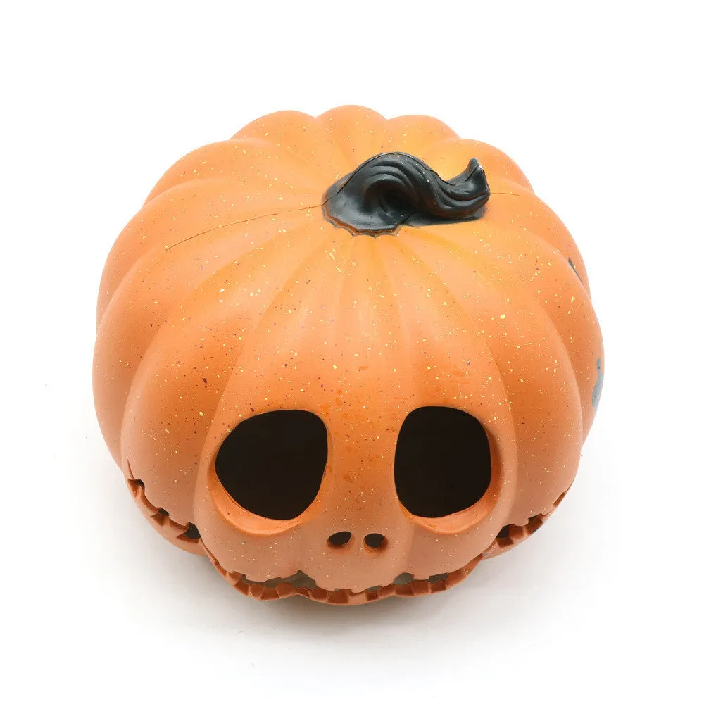 Halloween pumpkin lantern with scary hollow-out skull design in yellow resin, 23x19cm
