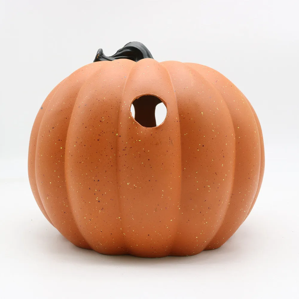 Halloween pumpkin lantern with scary hollow-out skull design in yellow resin, 23x19cm