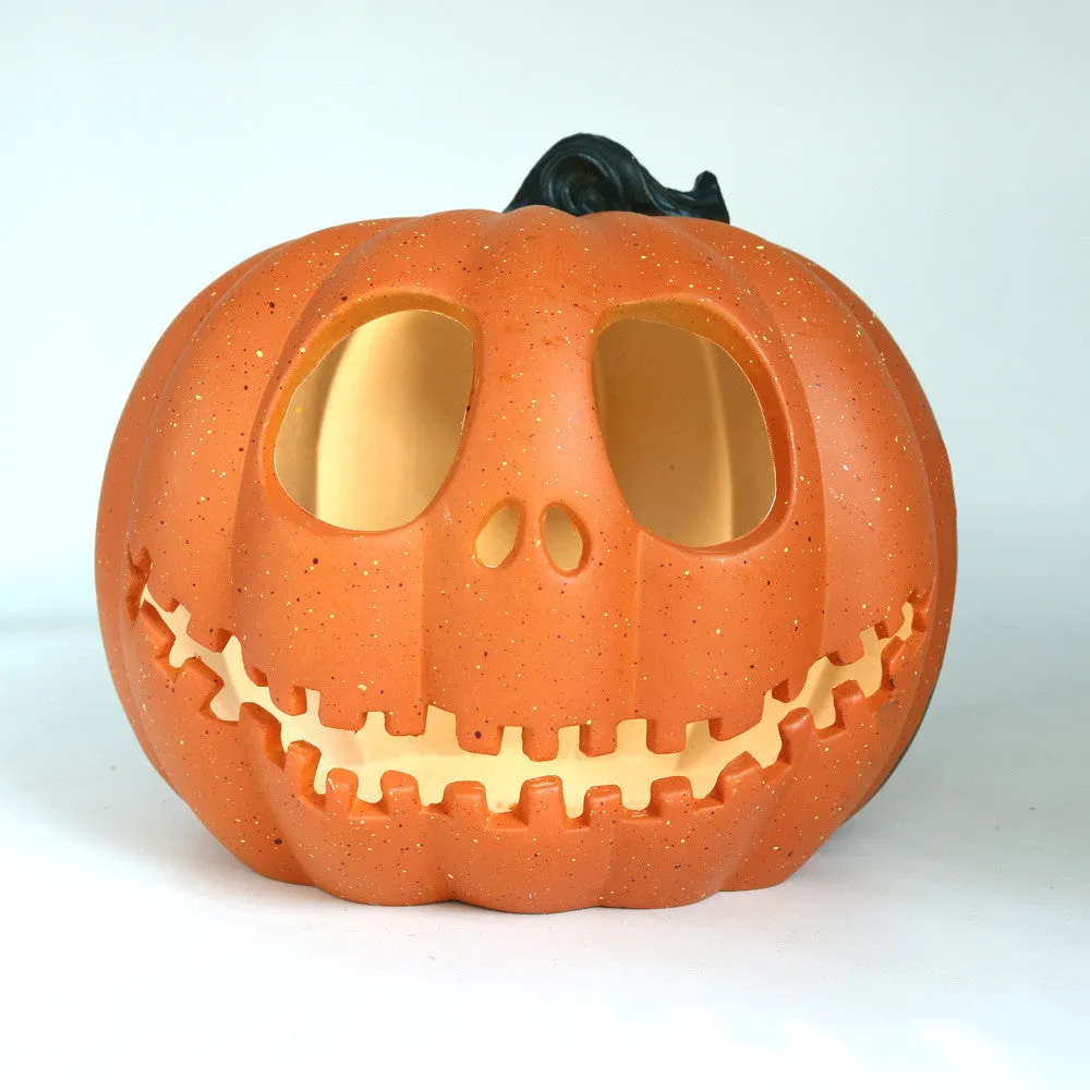 Halloween pumpkin lantern with scary hollow-out skull design in yellow resin, 23x19cm