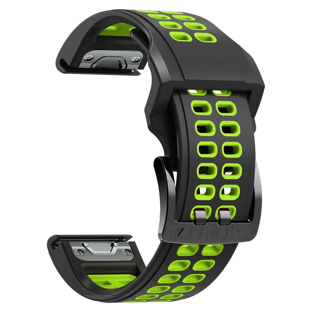 Quick release two-colour silicone sports watch strap with double-row ventilation holes on a grey background.