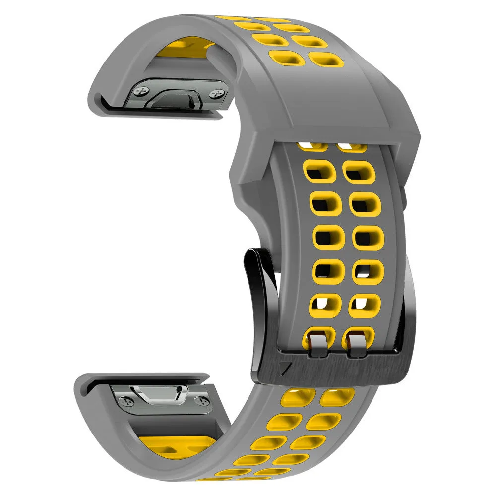 Quick release two-colour silicone sports watch strap with double-row ventilation holes on a grey background.