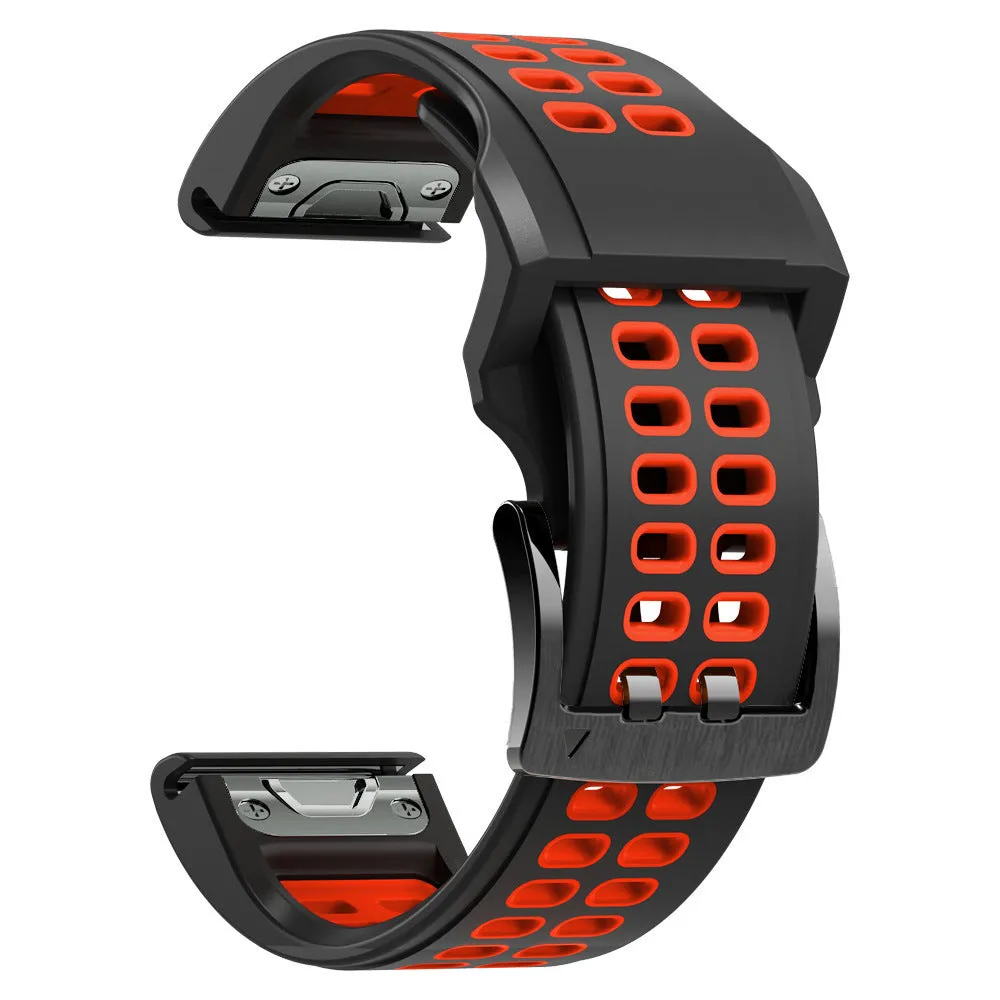 Quick release two-colour silicone sports watch strap with double-row ventilation holes on a grey background.