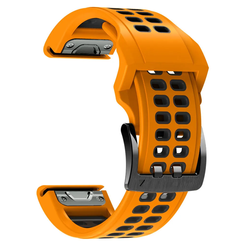 Quick release two-colour silicone sports watch strap with double-row ventilation holes on a grey background.
