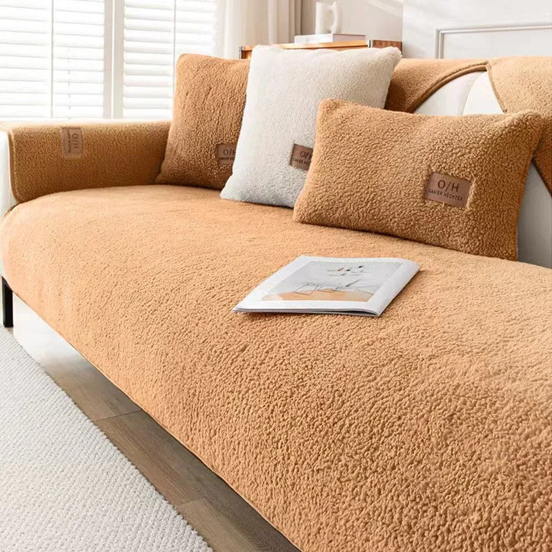 Fashion simple solid colour winter lambswool plush sofa cushion cover 90x210cm in beige