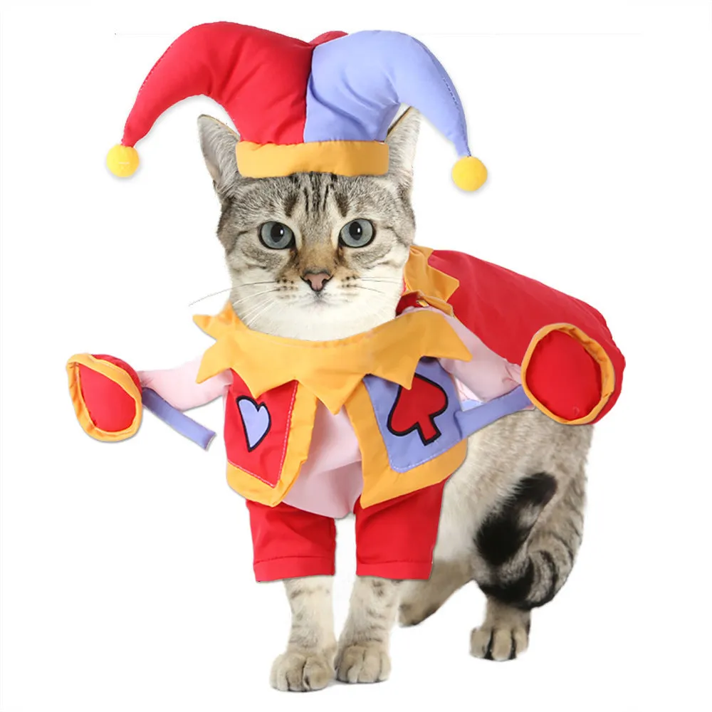 Pet dog wearing cartoon cowboy costume with hat, standing on grass