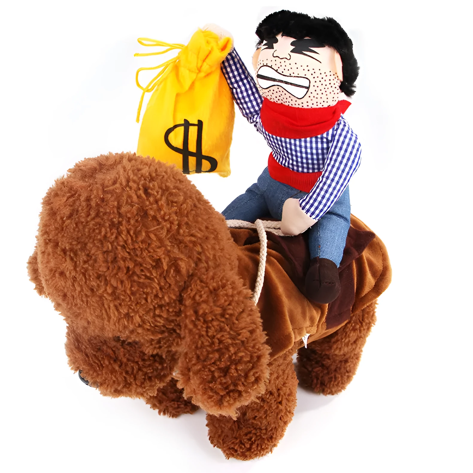 Pet dog wearing cartoon cowboy costume with hat, standing on grass