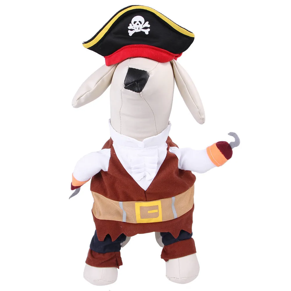 Pet dog wearing cartoon cowboy costume with hat, standing on grass