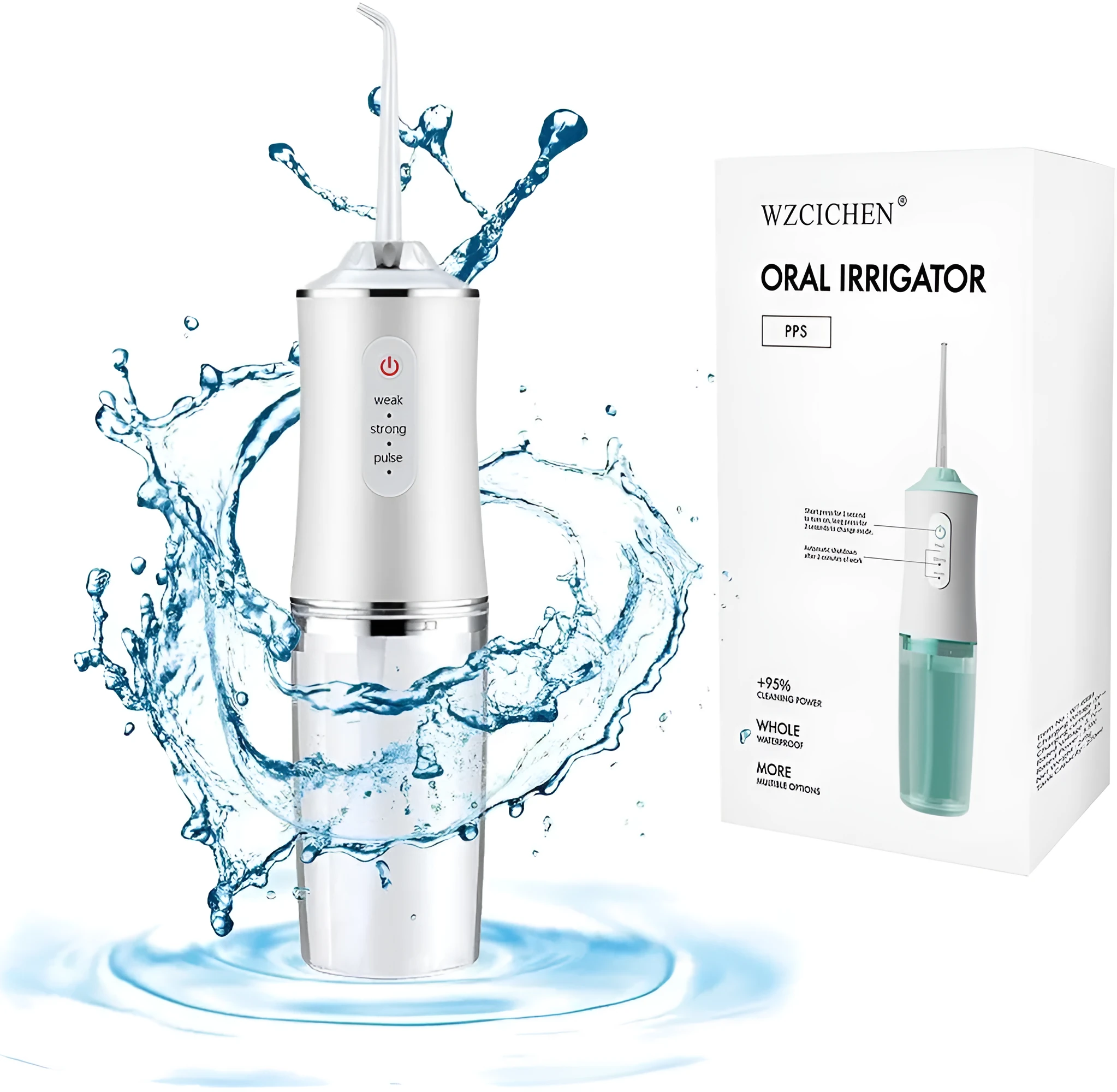 White portable oral irrigator with four nozzles and USB charging cable on a bathroom surface