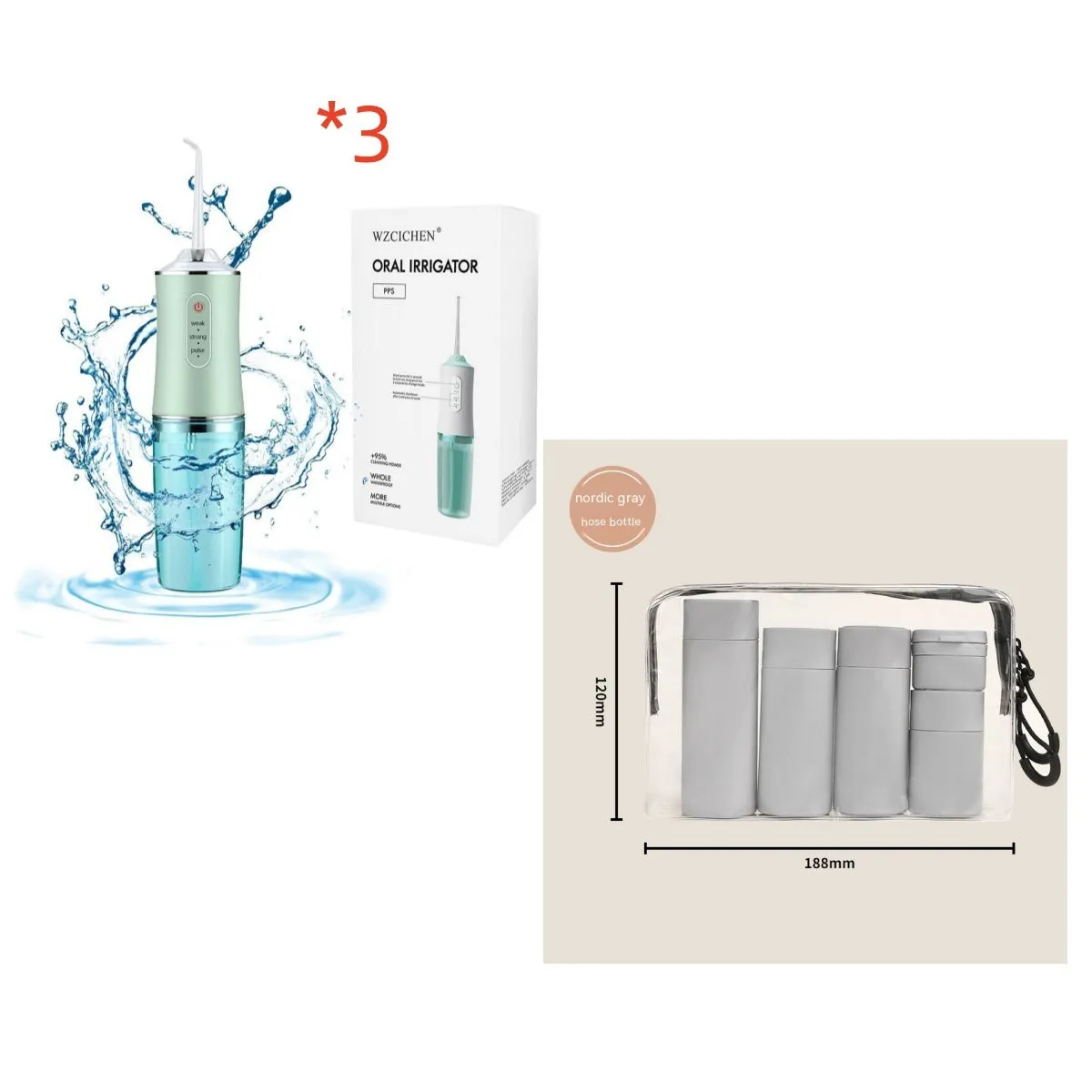 White portable oral irrigator with four nozzles and USB charging cable on a bathroom surface