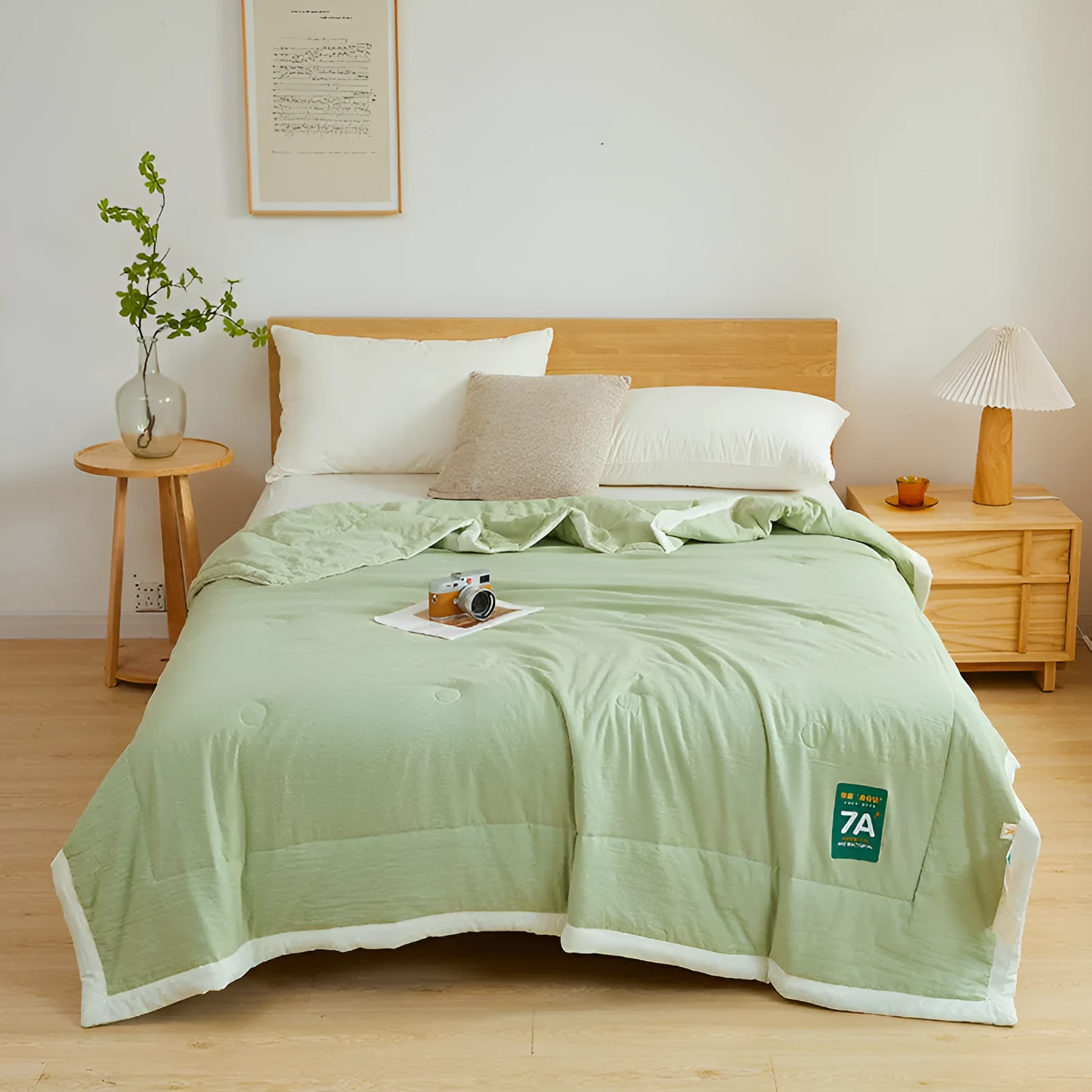 Antibacterial raw cotton washable summer cool quilt in Haze Blue colour, showing quilted pattern and fabric texture
