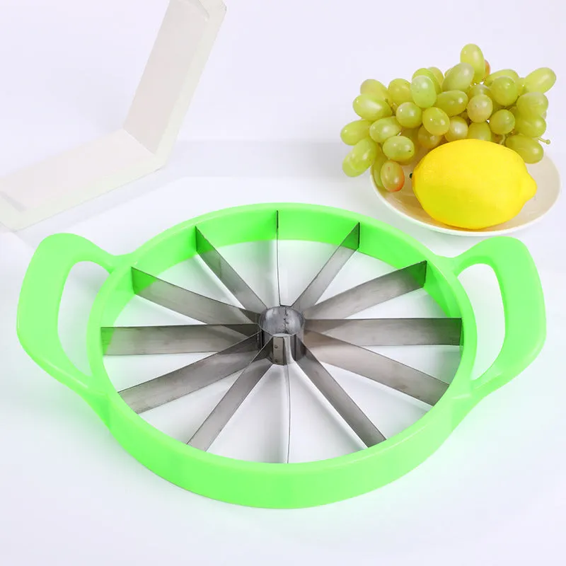 Green watermelon slicer with 410 stainless steel blade and non-slip plastic handle.