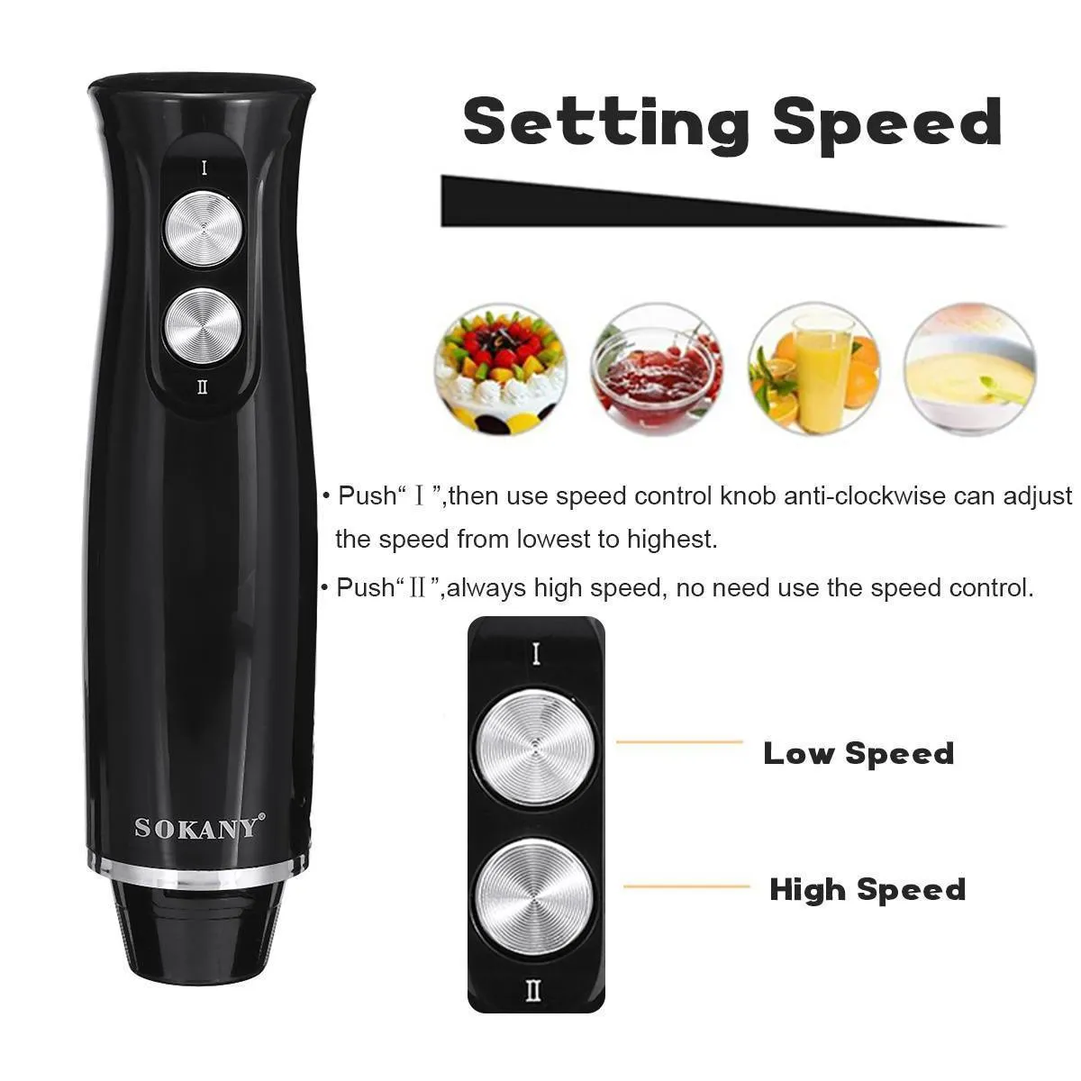 Black 700W electric egg beater food mixer with two speed settings and jug on a kitchen counter