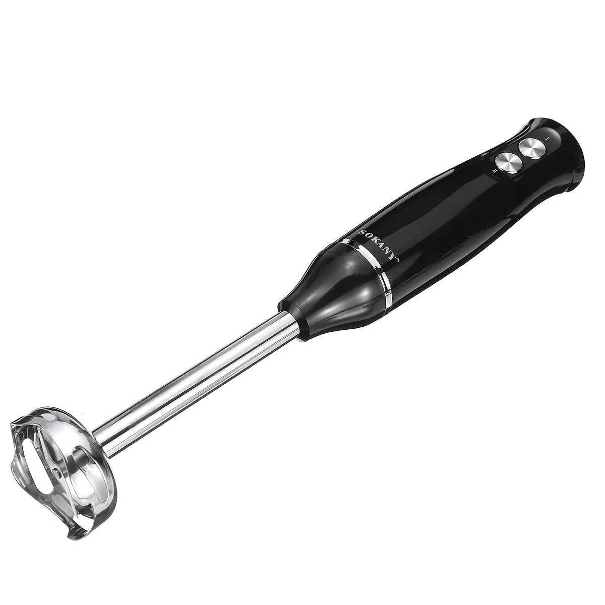 Black 700W electric egg beater food mixer with two speed settings and jug on a kitchen counter
