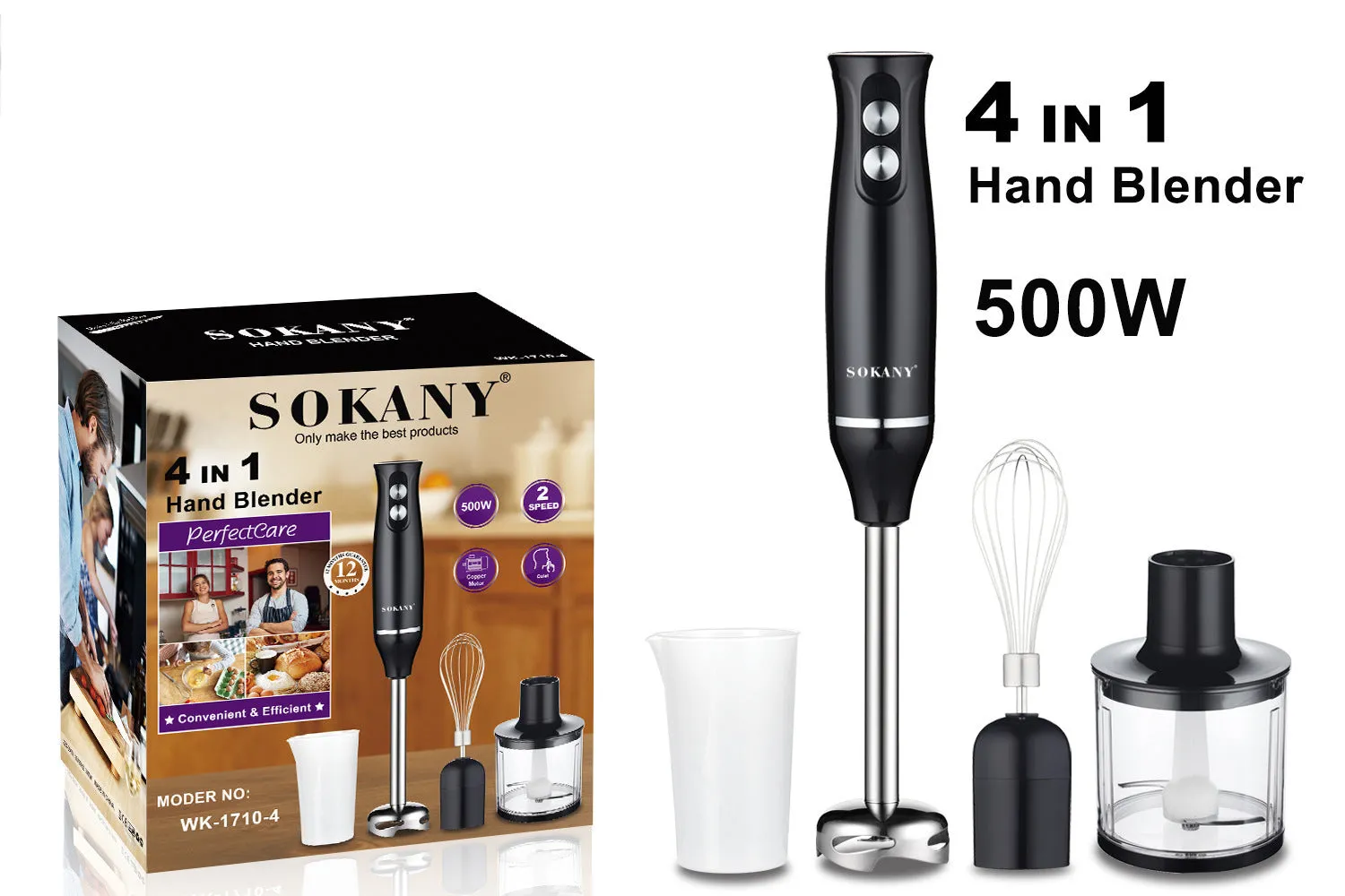 Black 700W electric egg beater food mixer with two speed settings and jug on a kitchen counter