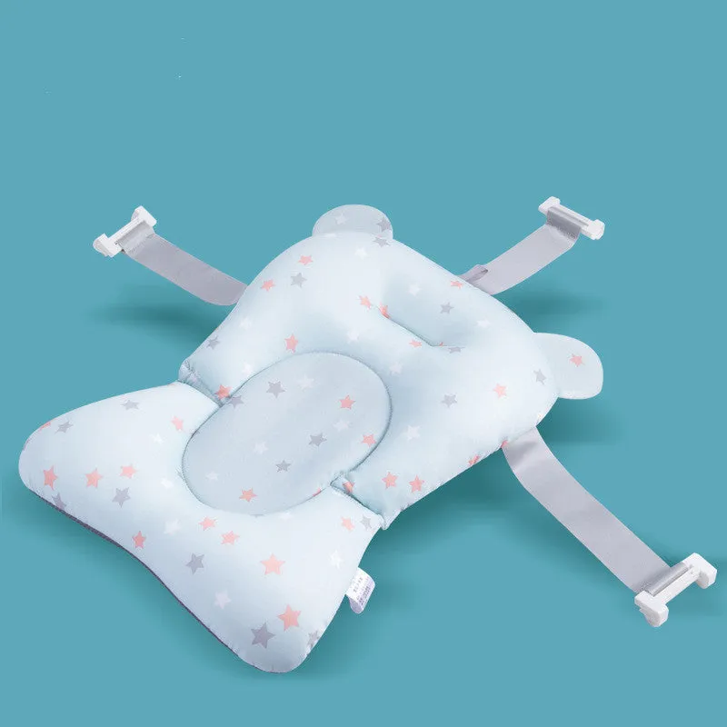 Foldable baby bath seat support mat in white with star pattern, anti-slip cushion for newborn bathing