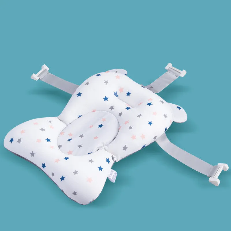 Foldable baby bath seat support mat in white with star pattern, anti-slip cushion for newborn bathing