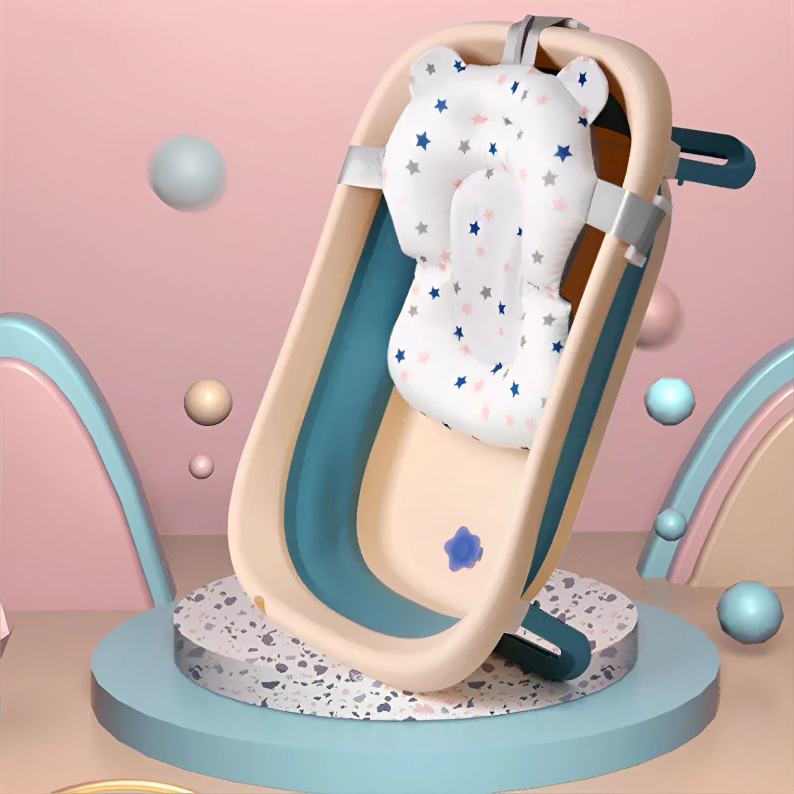 Foldable baby bath seat support mat in white with star pattern, anti-slip cushion for newborn bathing