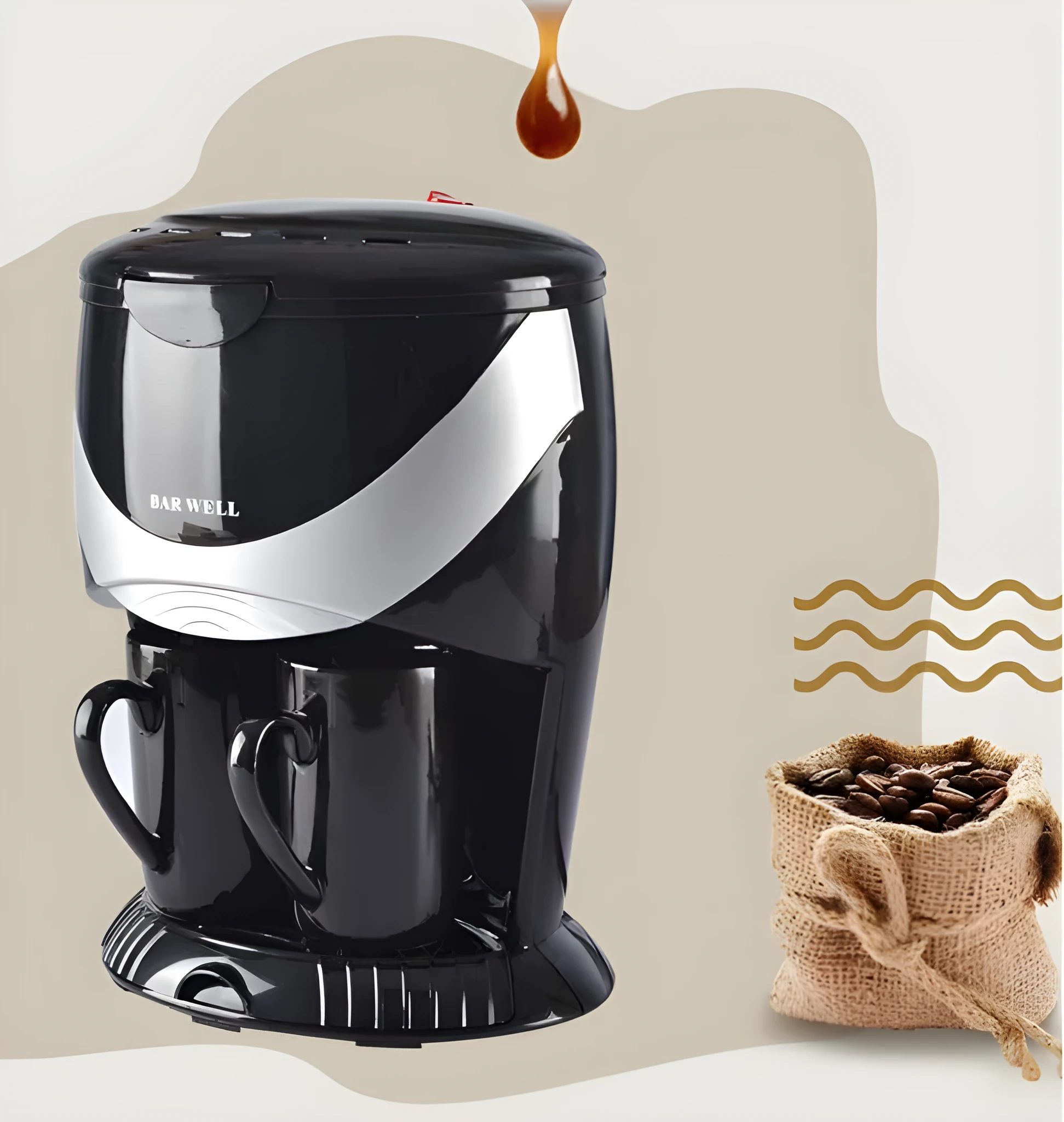 Automatic double cup American coffee machine in black with two 180ml glass cups and a spoon