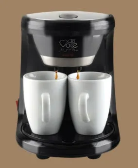 Automatic double cup American coffee machine in black with two 180ml glass cups and a spoon
