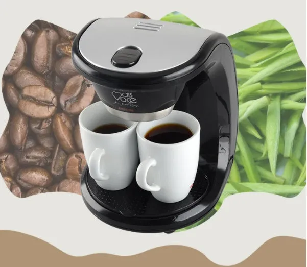 Automatic double cup American coffee machine in black with two 180ml glass cups and a spoon