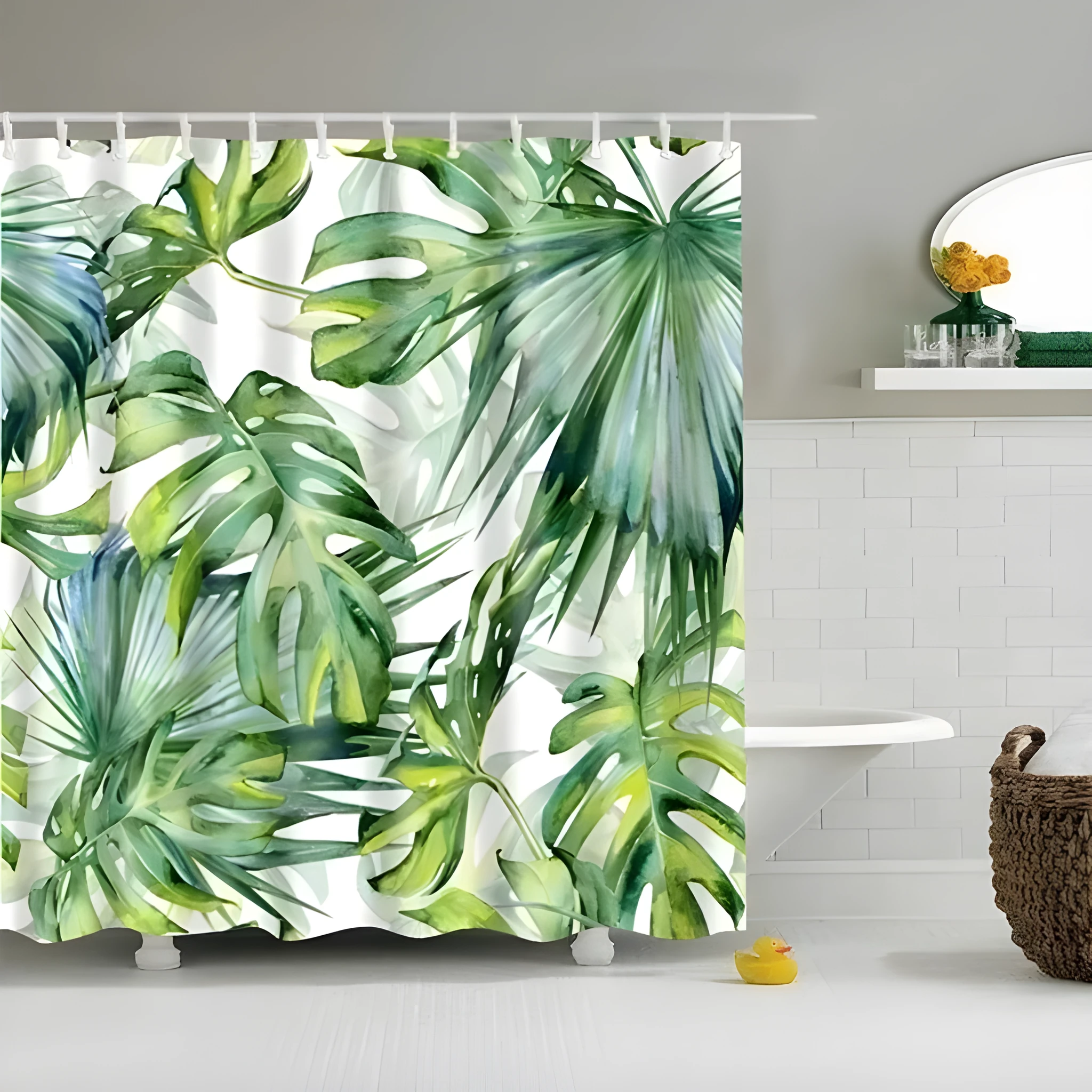 Tropical shower curtain with green foliage and white digital print on polyester, shown in a bathroom setting.