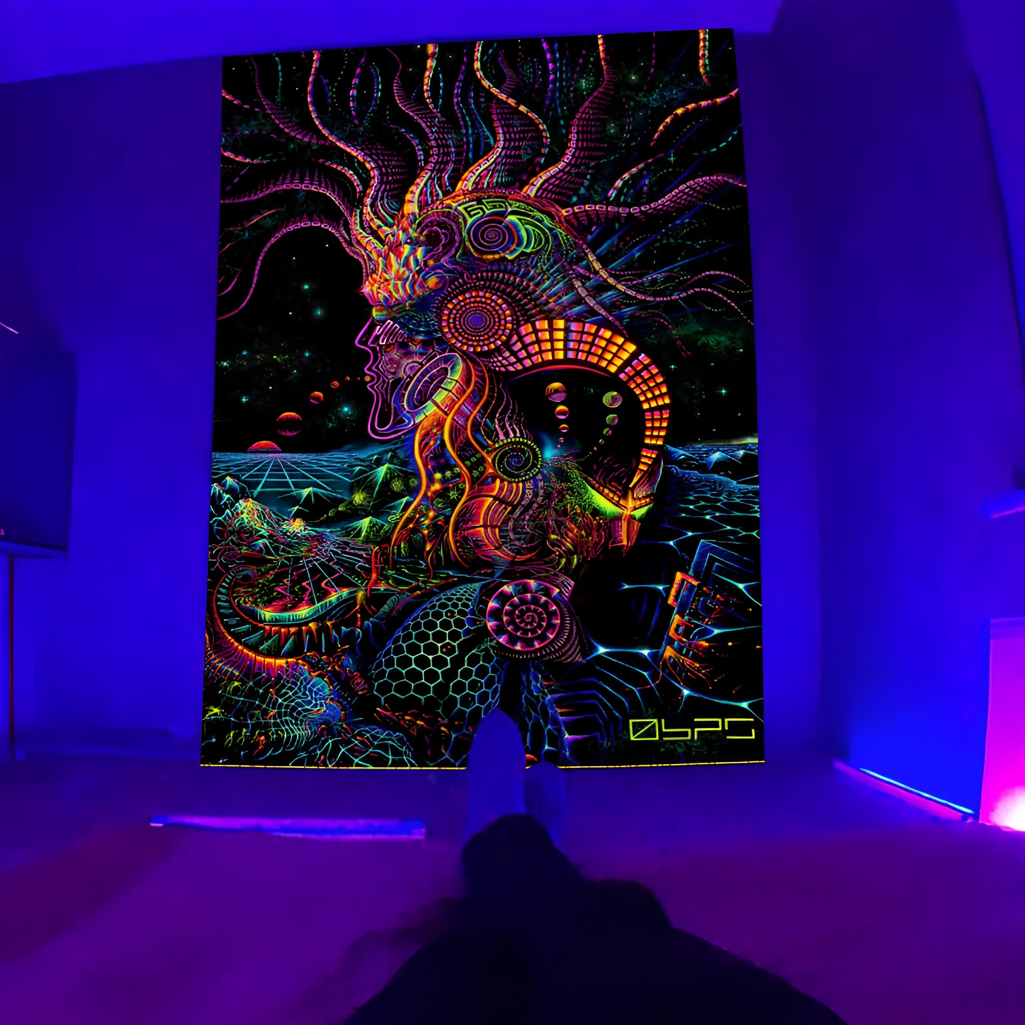 Fluorescent woven plush polyester tapestry with landscape pattern, available in 23 colours and multiple sizes