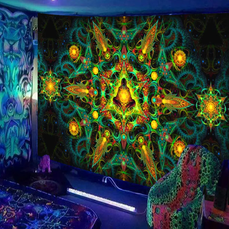 Fluorescent woven plush polyester tapestry with landscape pattern, available in 23 colours and multiple sizes