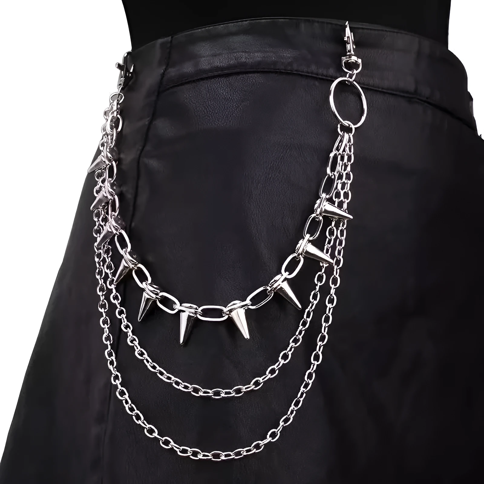 Silver double-layer metal pants chain with rivets and a zipper fastener, shown at full 115cm length.