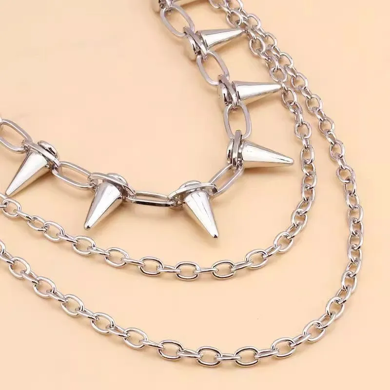 Silver double-layer metal pants chain with rivets and a zipper fastener, shown at full 115cm length.